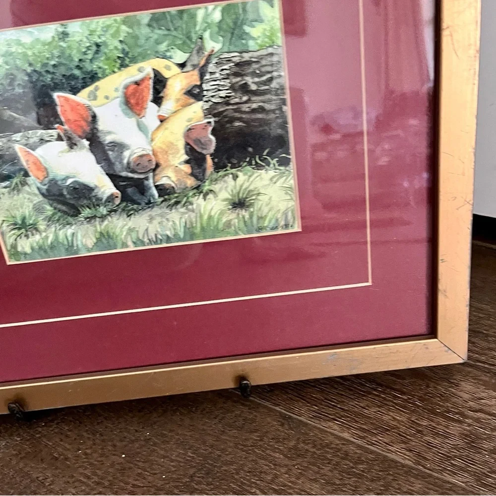 Gold Framed Animal Art Print signed “SMcLean 1996” 12/14 inches